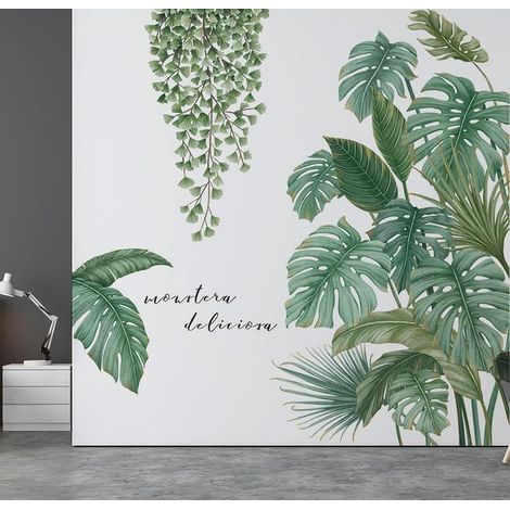 Feuilles Tropicales Vertes Autocollant Mural Nature Plante, 2 Pièces Stickers Muraux Jungle pour Chambre Salon Bureau Mur TV Couloir (1/4)