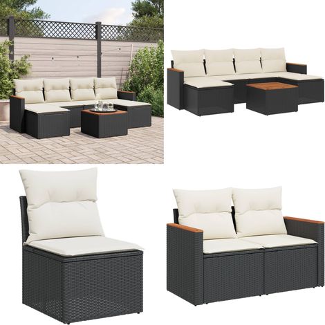 7-tlg. Garten-Sofagarnitur mit Kissen Schwarz Poly Rattan - Gartenmöbel - Esszimmergarnituren - Outdoor-Lounge - Rattan Gartenmöbel - Balkonmöbel - Home & Living (1/5)