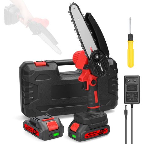 Mini Tronconneuse à Batterie 6 Pouces, Tronçonneuse Électrique Sans Balais, avec 2 1300 mAh Batterie, Idéal Extérieur & Jardinage (1/5)