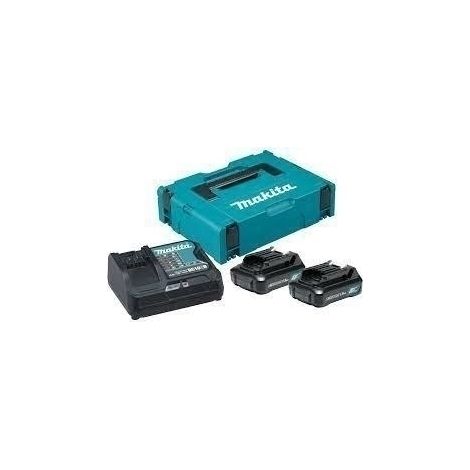 Makita 12V 2x1,5Ah (BL1016x2+DC10SB) MAKPAC, kit de alimentación, ideal para herramientas Makita, baterías de larga duración, cargador rápido, diseño MAKPAC, almacenamiento práctico
