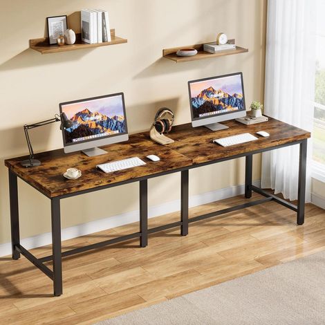 Bureau double extra long 200cm, bureau informatique 2 personnes, style industriel vintage marron (1/5)