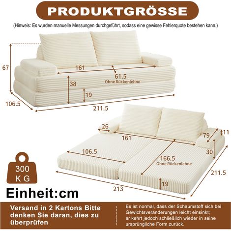 Divano moderno in velluto a coste, lungo 211 cm, combinabile con un letto, con diverse opzioni di configurazione grazie a due schienali triangolari, due cuscini e due braccioli rimovibili. (1/5)