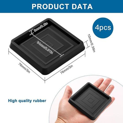 4 Pièces 6.4cm Patin Carrés Antidérapant en Caoutchouc, Bed Sofa Wheel Anti-Slip Pad, Pied en Caoutchouc Pad, pour Lit Armoire Canapé Chaise Table, Noir (1/4)