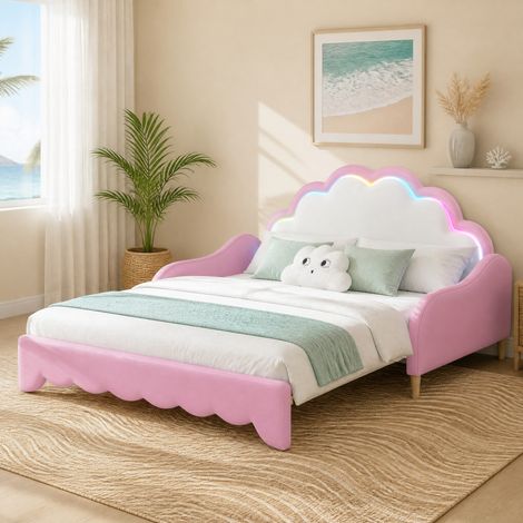 Sofá cama 140x200 cm de PU y MDF rosa con LED, sin colchón FloraGrace (1/5)