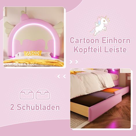 Lit bébé licorne rose 90x200 cm sans matelas, bande LED intégrée, 2 tiroirs de rangement, mousse PU (1/4)