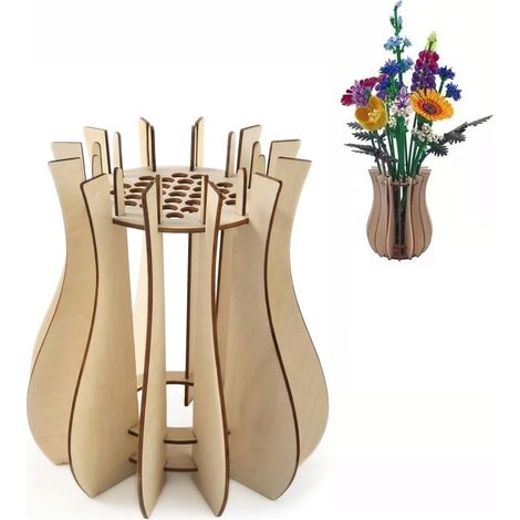 Kit de Vase en Bois pour Bouquet de Fleurs, Puzzle 3D Créatif Compatible avec Fleurs en Briques de Construction, Support Décoratif pour Roses et Tulipes Artificielles, Idée Cadeau Maison (1/5)