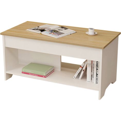 Table basse contemporaine plateau relevable avec l'espace de stockage 100 x 50 x 48.5 cm décor bois et blanc Mat (1/4)