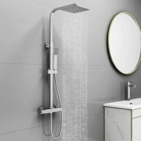 AICA Bathroom Thermostatic Mixer Shower Twin Head Set Square Chorme (1/5)