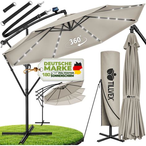 tillvex Alu Ampelschirm Cappuccino LED Solar Ø 300 cm mit Kurbel  Sonnenschirm mit An-/Ausschalter  Gartenschirm UV-Schutz Aluminium  Kurbelschirm mit Ständer Marktschirm wasserdicht