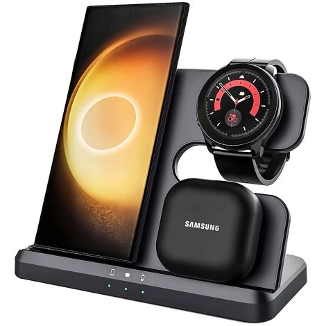 Cargador inalámbrico inductivo Qi 3.0 3 en 1 de carga rápida para Samsung S22 S23 S24 S25 Galaxy Watch Buds Station Negro (1/5)