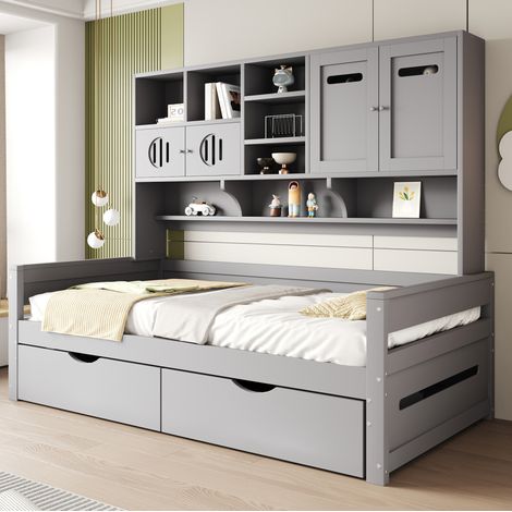 Letto singolo stile divano in legno grigio 90x200 cm con rete a doghe, 2 cassetti e struttura contenitiva (1/5)