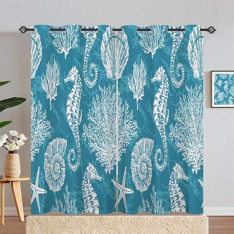 Rideau Occultant Océan Hippocampe Coraux Tenture Opaque à Oeillets Draperies Intérieurs Rideau Thermique Isolant pour Maison Chambre Salon Fenetre 2 Pièces L 140 x H 183 cm - 140L X 183H cm (2 Panneau (1/5)