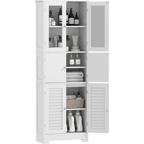 Meuble de salle de bain colonne avec 3 placards et portes vitrées à persiennes, 60 x 30 x 170,5 cm, blanc