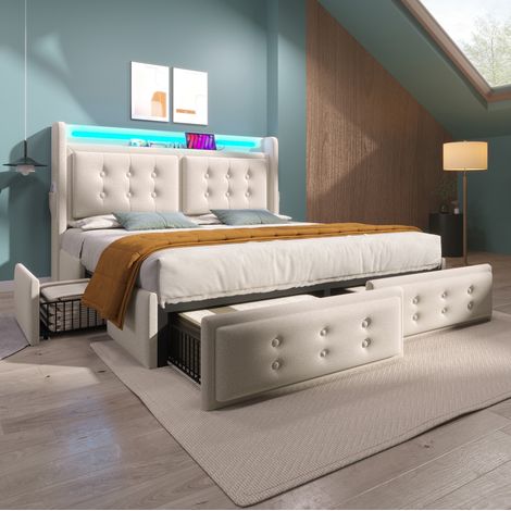 Lit rembourré moderne 180x200 cm avec tête de lit, 4 tiroirs, LED, USB-C et sommier à lattes, beige (1/5)