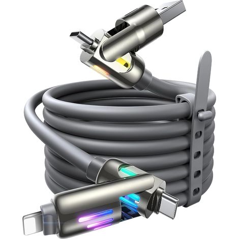 4-in-1 Universal-Ladekabel – 240 W – PD – mit USB-C, USB-A und Lightning – für iPhone 16, 15, 14, Samsung Galaxy S25, S24, Huawei, iPad, MacBook, PS5 – 1,2 m – Nylon – RGB-LED – Grau (1/5)