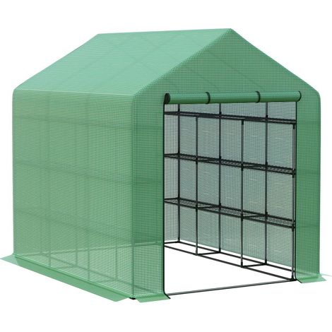Tomates, semis et plantes: serre de jardin avec 8 étagères, cadre en acier, bâche PE verte et porte zippée (1/5)
