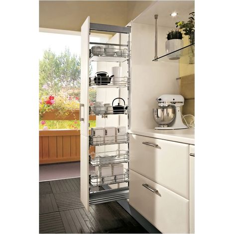 Colonne coulissante complète 5 corbeilles – Coulisses sortie totale avec retour amorti – Réglage façade 3D – Charge 120 kg – Pour caisson 300 mm – Vibo