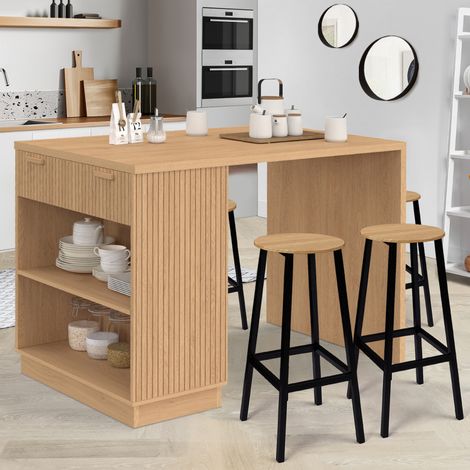 JULIETTE Isla central de 4 plazas con efecto listones y encimera de madera, 130 cm