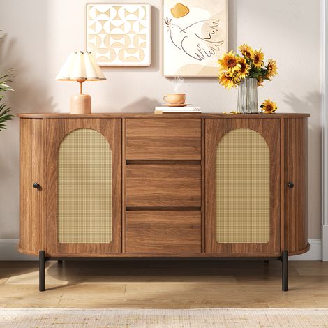 Ovales Sideboard aus Rattan und Nussbaumholz – Aufbewahrungsmöbel mit Schiebetüren und 3 Schubladen – Metallfüße – 140 x 38 x 77,5 cm – skandinavischer Stil