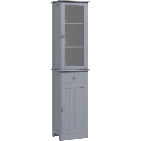 Mobiletto da bagno a colonna con anta in acrilico, 2 ripiani e 1 ripiano con cassetto, in MDF, grigio.
