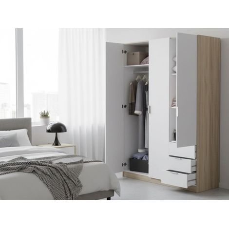 Guardaroba 3 ante Allentown, Armadio per camera da letto 3 cassetti, Mobile con barra appendiabiti e 3 ripiani, 121x52h180 cm, Bianco e Rovere (1/5)