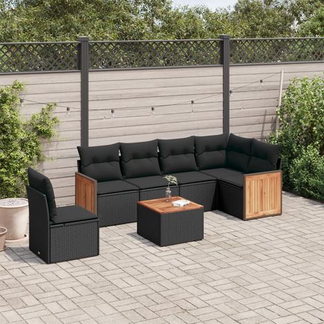 Ensemble Salon Jardin 7 Places Noir Résine Tressée - Canapés d'Angle et Central avec Coussins Détachables, Table Acacia Modulaire Résistant aux Intempéries (1/5)