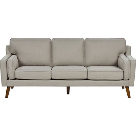 Divano moderno a 3 posti imbottito in tessuto beige e gambe in legno Lokka