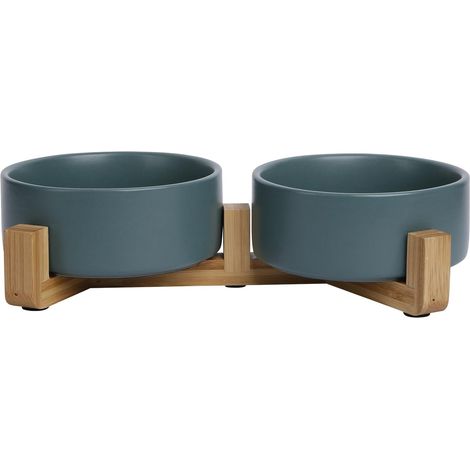 Gamelle Double Céramique avec Support Bambou Antidérapant, Design Élégant et Écologique, Capacité 2x850 ML, Vert, pour Toutes Races, Modèle Bon Appetit