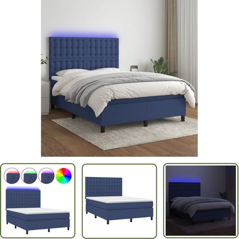 The Living Store Sommier à lattes de lit et matelas et LED Bleu 140x200 cm Tissu - Lit Plateforme - Lit Avec Led - Lit Design - Lit Moderne - Lit Double (1/5)