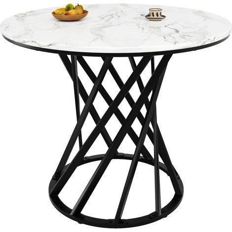 CHICFURN Mesa de comedor redonda 80x80x76 cm MDF efecto mármol blanco, patas negras, 4 personas (1/5)