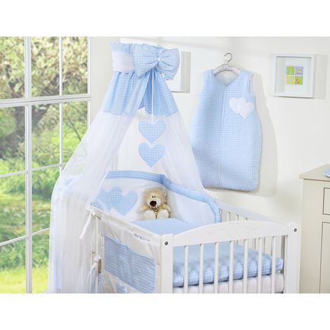 Juego de cama de 5 piezas de 120x90 cm con dosel - Corazones colgantes, cuadros azules (1/4)