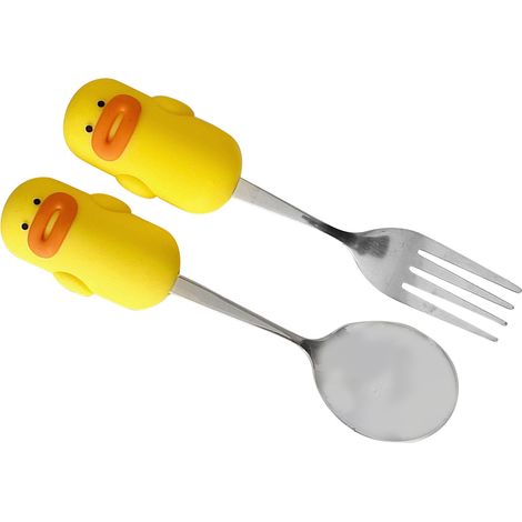 Ensemble cuillère et fourchette mignon en acier inoxydable avec motif dessin animé. Cuillère et fourchette multifonctions en métal blanc pour bébés garçons et filles.