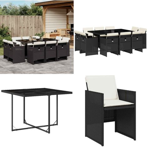 11-tlg. Garten-Essgruppe mit Kissen Schwarz Poly Rattan - Gartengestelle - Gartenmöbelset - Esstisch - Gartenstühle - Outdoor Möbel - Home & Living (1/5)