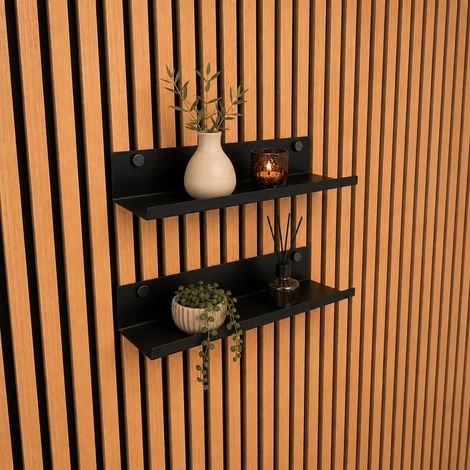 Étagère pour Panneaux acoustiques sans perçage – 34,4 cm, Lot de 2 – étagère Flottante métal Noir – Accessoire & Tablette pour déco & Plantes – Murale Akupanel & lamelles (1/5)