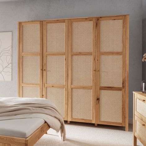 Armoire 4 portes en chêne et cannage naturel - KAPUI