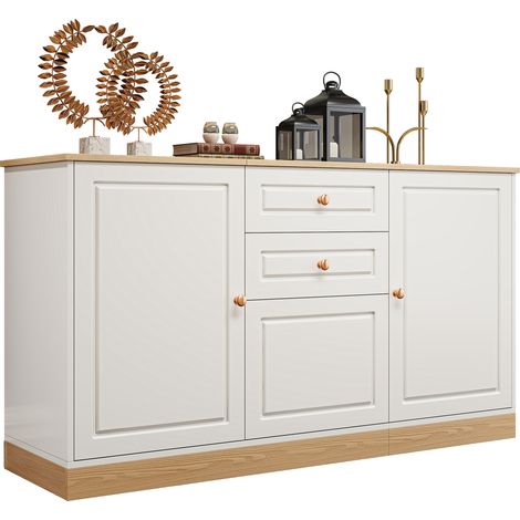 Credenza con 3 Ante, 2 Cassetti e Ripiani Regolabili, Stile Minimalista, in Pannello Truciolare, Bianco e Legno, 135,5×39×76 cm (1/5)
