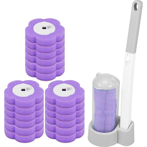 Lot de 4 brosses jetables avec poignée allongée et support 18 brosses nettoyage Éponge Brosse WC Nettoyage salle de bain, lavabo, baignoire Gris (1/5)