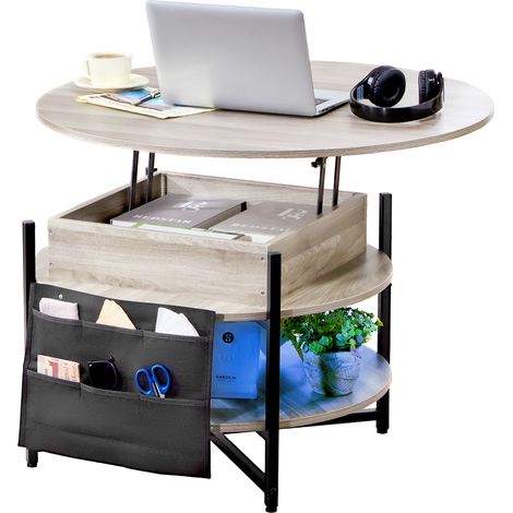 VEVOR Mesa de Centro con Tapa Elevable 900x900x510 mm Mesa de Cafe Redonda para Salón con Bolsillos de Almacenamiento Adicionales Capacidad de 50 kg Mesa de Centro Emergente para Salón, Gris Oscuro