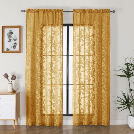 2 panneaux de rideaux texturés avec motifs jacquard de feuilles pour chambre à coucher et salon, voiles semi-transparents filtrant la lumière avec clips, doré, 107 x 213,4 cm par panneau (1/5)