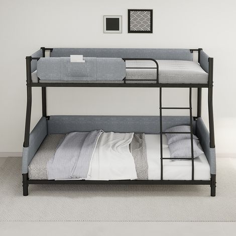 Lit superposé enfant 90x190 + 140x190 cm en métal, garde-corps rembourrés, poche de rangement en lin amovible et échelle intégrée - Noir (1/5)