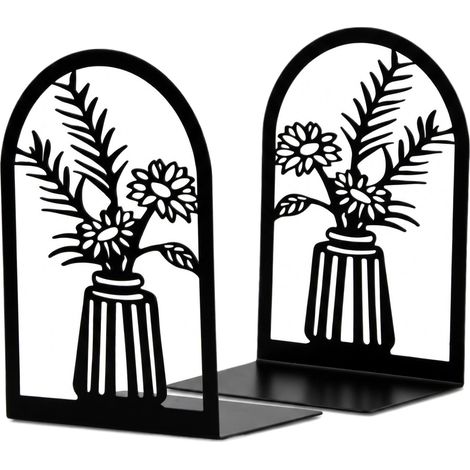 Serre-Livres Métal, Lot de 2 Support Livres Design Fleurs, Serre-Livres Robuste pour Bibliothèque, Décoratif pour Bureau, École, Maison, Noir (1/5)