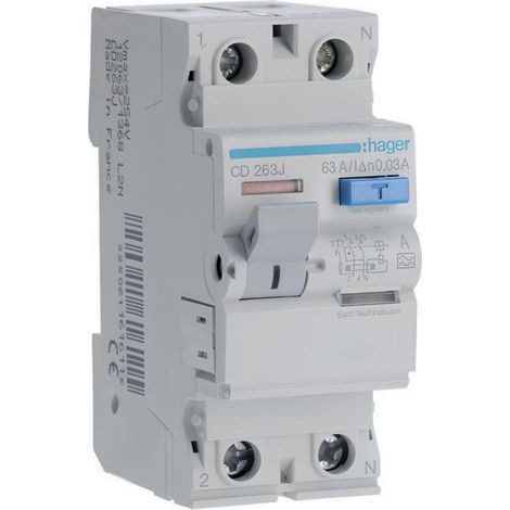 Hager – Interrupteur différentiel 63A type A 30mA bipolaire – Bornes alignées – Protection contre les surcharges et courts-circuits – Pour installations électriques