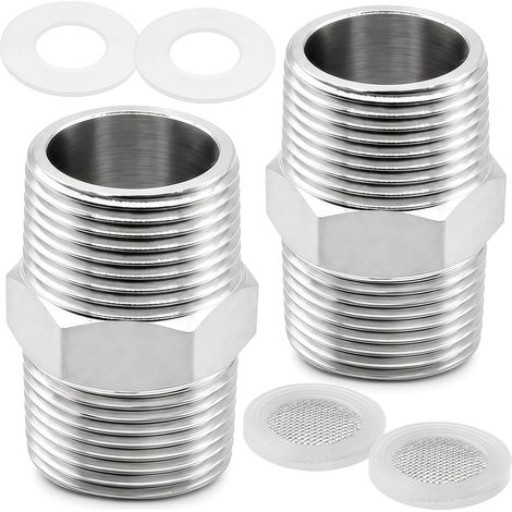 Kit de 2 Prolongateurs pour Flexible de Douche avec Raccord Double en Acier Inoxydable 1/2 Pouce, Adaptateur pour Tuyau de Douche, Inclus Joints et Filtres (1/5)