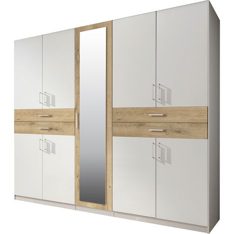 Kleiderschrank mit Spiegel, 225 cm breit modern in weiß mit Eiche TREVISO-43 (1/4)
