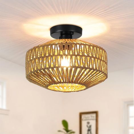 Plafonnier en rotin fait à la main, design vintage bohème, abat-jour tissé, douille E27, pour salon, chambre, cuisine, balcon, couloir, bar (1/5)