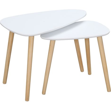 Lot de 2 tables gigognes design scandinave, plateau et pieds en bois blanc. (1/5)