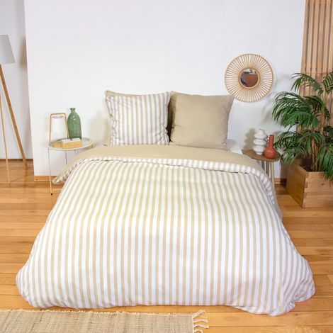 Parure de lit microfibre réversible rayures beige - Néo 260 x 240 cm (1/3)