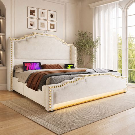 CHICFURN Letto matrimoniale 140x200 cm in velluto beige, 4 cassetti, LED e USB-C (1/5)