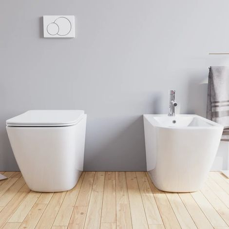 Sanitari filomuro in ceramica bianco lucido vaso rimless sedile soft close e bidet Venezia