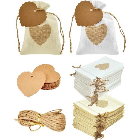 30PCS Sachets en Toile de Jute 10x14cm avec 30 Étiquettes Coeur Petit Pochettes Jute avec Cordon (1/5)
